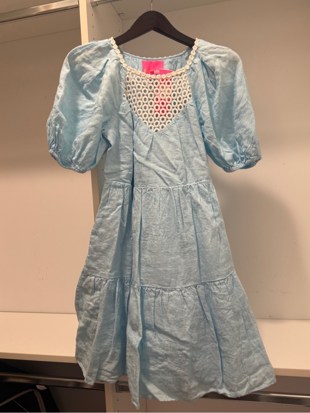 Lilly Pulitzer Light Blue Asymmetrical Puff-Sleeve Dress with Lace Yoke